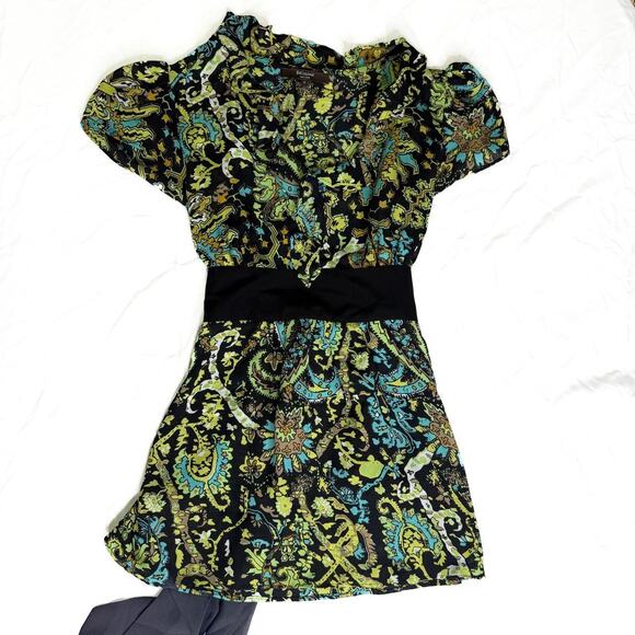 Y2k belissimo green and black  paisley print dress with black ribbon belt SIZE S - Picture 1 of 8